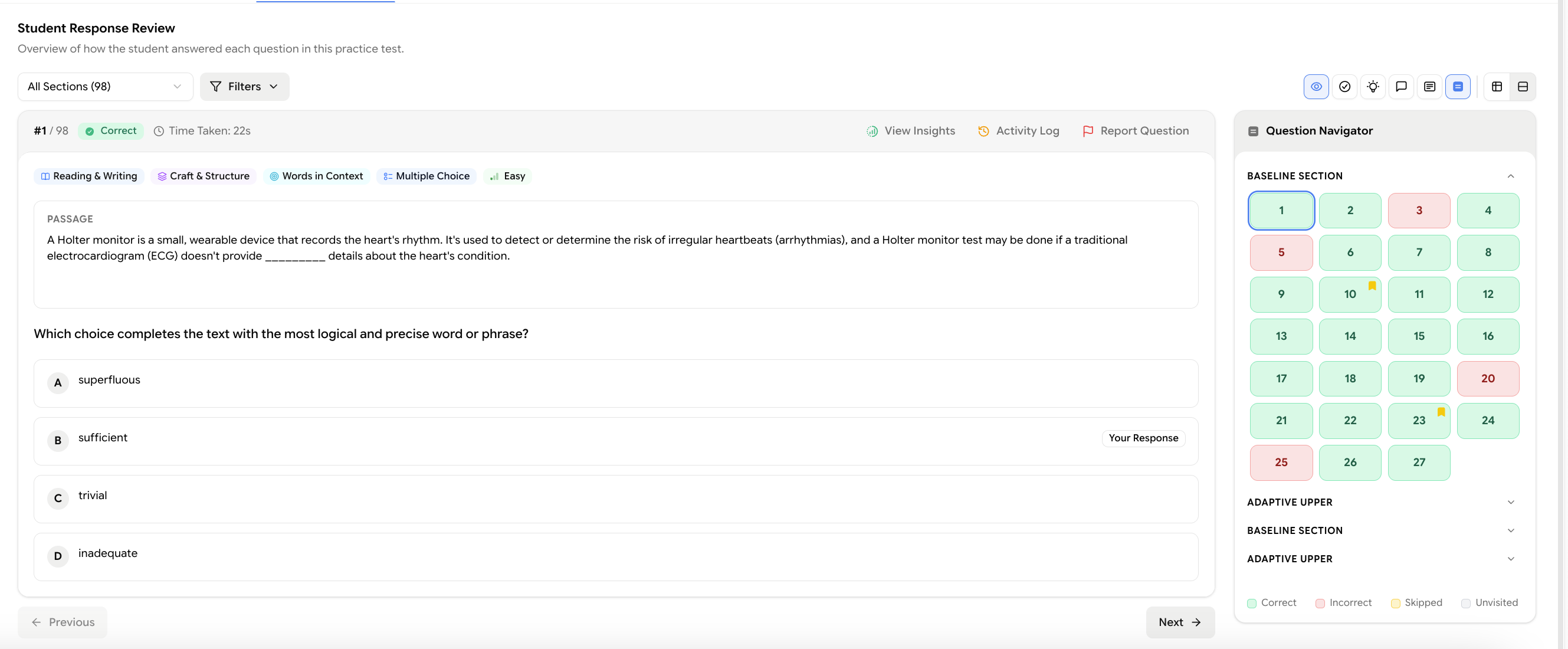 DualMind Academy question-by-question student response review with answer navigator